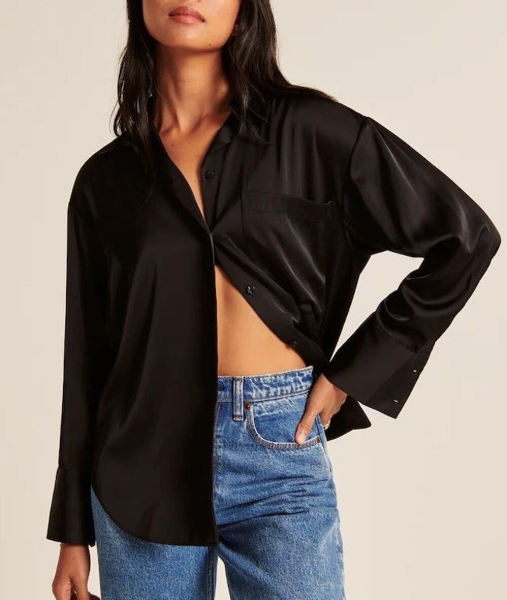 Abercrombie Satin Collared Button-Up Top Womens XL Black Quiet Luxury Minimal
